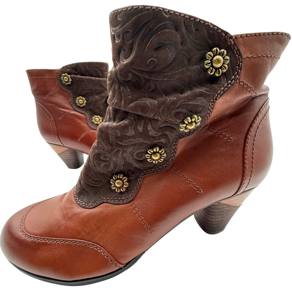 L'Artiste Spring Step Belgard Leather Floral Ankle Boots Brown EU 37 US 6.5-7
